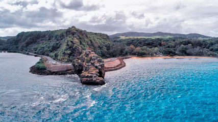 The popular car stop point Captain Matthew Flinders Monument in Mauritius, drone view