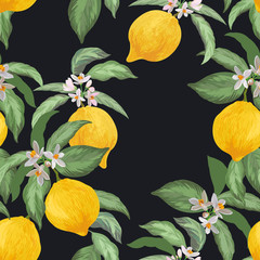 Seamless citrus pattern with palm leves.Hand drawn vector illustration with lemons.Template for print, textile,wallpaper cover and box design.