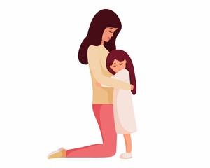 Mother and daughter hugging. Mom standing on knees and cuddling little child. Kind young woman calms her little girl. Parent shows love and care. Colorful cartoon characters. Vector illustration