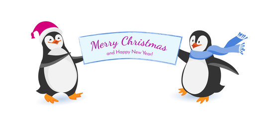 Two funny Christmas penguins hold a poster with a words: merry Christmas and happy New Year. . Flat Vector  cartoon isolated  illustration. Can be used for postcards, posters, greeting cards