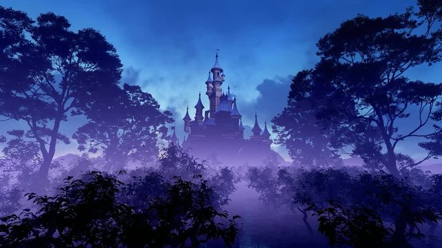Fairytale castle among dark trees. Animation on the theme of history and architecture, fairy tales and buildings, territories and travel.