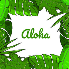 Inverted circle of tropic leaves vector with text. For greeting cards and invitations design with tropic leaves like banana and monstera leaves with fig leaves