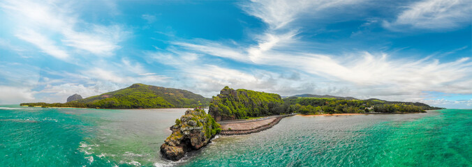 Captain Matthew Flinders Monument in Mauritius. Aerial view from drone on a cloudy day