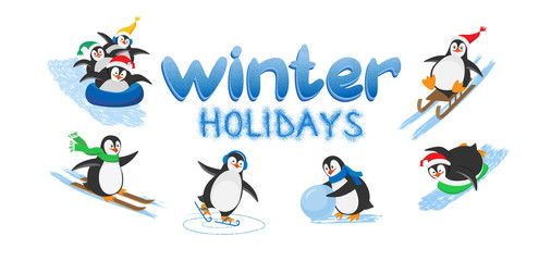 Vector card with lettering Winter Holidays and funny penguins in cartoon style on the white background.Penguins on skates,on skis, on a sleigh, on tube, with a snowball.