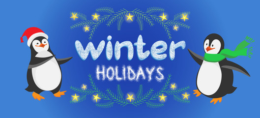 Two cute cartoon Christmas penguins in flat style with a textured words winter holidays on the blue  background with stars. Can be used for postcards, posters, greeting cards, banners.