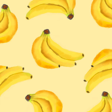 Watercolor banana pattern isolated on yellow background. Fresh fruit.