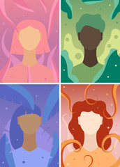 Set of different races, girls flat minimalistic portraits. 2d vector illustrations collection, skin types. Beauty feminist colourful postcards for web design, app, advertisement. EPS10, editable. 