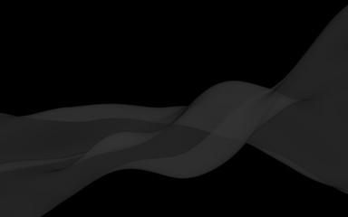 Black abstract background. Fluttering black scarf. Waving on wind black fabric. 3D illustration