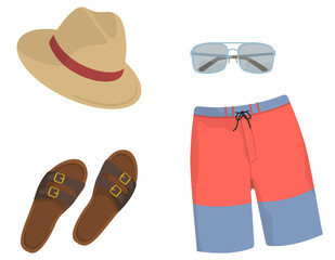 Men's clothing and accessories. Beach collection in cartoon style.