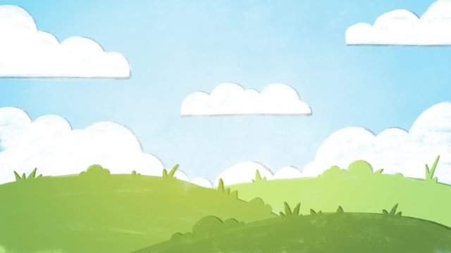 2d animated motion illustration of beautiful summer fields landscape, green hills, bright color blue sky, white clouds. Background in flat cartoon style banner.
