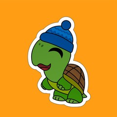 Stickers of Turtle Closes its Eyes While Smiling and Wearing a Hat  Cartoon, Cute Funny Character, Flat Design