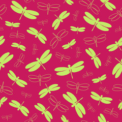 Seamless pattern with colorful dragonflies. Chartreuse silhouettes and outlines insects on a light burgundy background. Vector illustration. For designs backdrops, cards, textiles, packings, fabric.