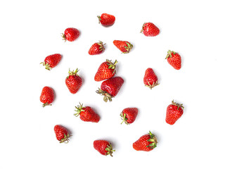 Top view of fresh tasty strawberries circle forming on white backround. Summer time concept