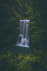 Elegant spring waterfall flowing through dark lush Pacific Northwest forest in Oregon