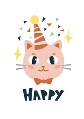 Vector festive cat with the inscription Happy. Flat style. Excellent for the design of postcards, posters, stickers and so on.