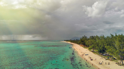 Mauritius, Africa. Panoramic aerial view from drone of Le Morne Beach