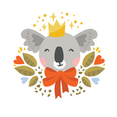 Smiling koala with a crown, bow and hearts. Vector illustration. Flat style. Excellent for kids, design of postcards, posters, stickers and so on.