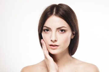 Young beautiful woman with hands  portrait with healthy skin studio on white