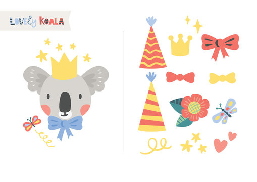 Set with a koala in a crown and various holiday details. Vector illustration. Flat style. Excellent for kids, design of postcards, posters, stickers and so on.