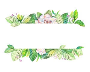 Blank for text with flowers around the edges, on a white background, watercolor