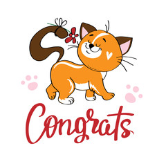 Beautiful red cat holds a red flower and the inscription Congrats on a white background. Happy Birthday Greeting Card