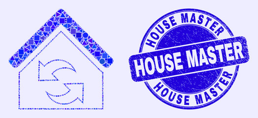 Geometric refresh house mosaic icon and House Master stamp. Blue vector rounded textured stamp with House Master message. Abstract mosaic of refresh house designed of spheric, triangles,