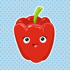 Ripe juicy colorful bell peppers with kawaii face. Coloring, sticker, postcard, scrapbooking, products for children. Vector illustration