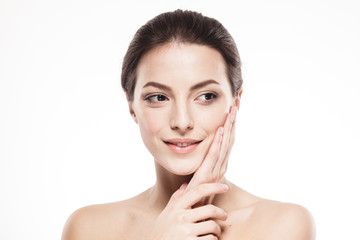 Fototapeta premium Young beautiful woman with hands portrait with healthy skin studio on white