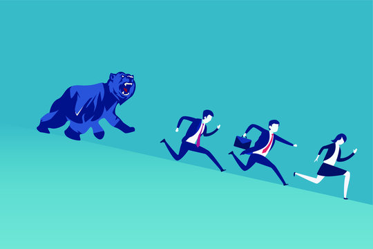 Bearish Market Vector Concept: Angry Bear Chasing After Business People Running Downhill