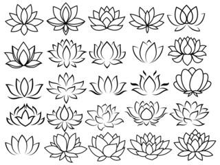 Set of stylized lotus. Collection of lotus flowers for a logo yoga and meditation school. Decorative flower. Black white vector illustration. Tattoo.