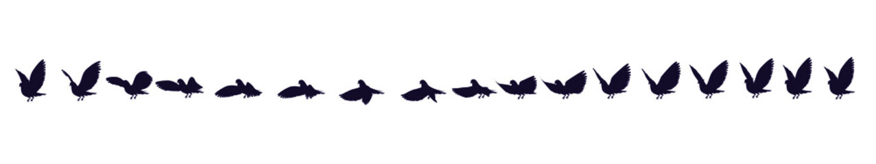 Full cycle animation of the black and white silhouette of a pigeon. Sprites for 2d animation.