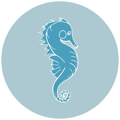 Blue silhouette of a sea Horse on a blue background. Outline ocean animal illustration for nursery t shirt,kids apparel,party and baby shower invitation.Vector illustration. Save ocean poster.Icon.