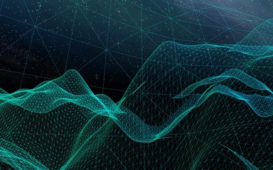 Abstract landscape on a dark background. Cyberspace grid. hi tech network. Outer space. Starry outer space texture. 3D illustration