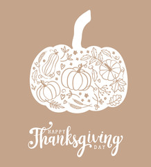 Lovely hand drawn and written Thanks Giving Design, cute pumpkins, leaves and font, great for Thanksgiving banners, wallpapers, cards - vector design