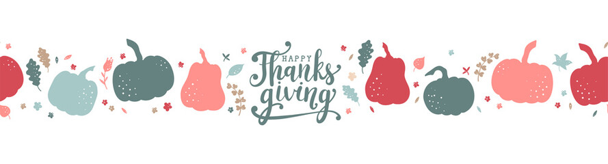 Lovely hand drawn and written Thanks Giving Design, cute pumpkins, leaves and font, great for Thanksgiving banners, wallpapers, cards - vector design