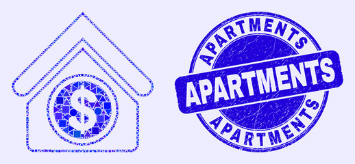 Geometric commercial building mosaic pictogram and Apartments seal stamp. Blue vector rounded distress seal stamp with Apartments title. Abstract mosaic of commercial building made of round, tringle,