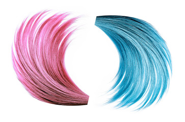 Tinted hair in pink and blue. Healthy, shiny hair on a white background. Hair samples of different shades.