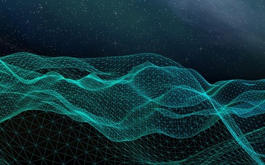 Abstract landscape on a dark background. Cyberspace grid. hi tech network. Outer space. Starry outer space texture. 3D illustration