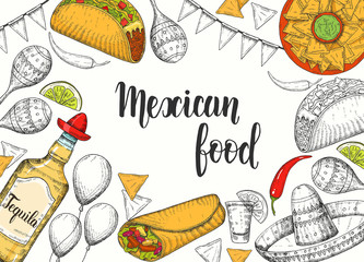 Mexican food background with  hand drawn symbols - flag garland, chili pepper, maracas, sombrero, nachos, tacos, burritos, tequila, balloons. Hand made lettering. Sketch. Cinco de Mayo 