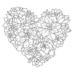 Hand drawn succulent heart. Amazing succulent garden decor idea. Sketch for anti-stress adult coloring page. Vector illustration. Textile or tattoo design.