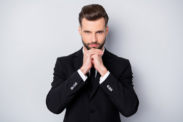 Portrait of focused minded boss entrepreneur man plan how he make his company profitable successful touch hands chin wear good looking classy outfit isolated over grey color background