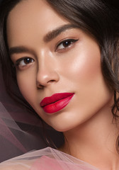 Art beautiful woman portrait red lipstick dress asian