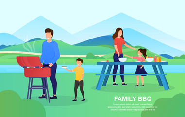 Naklejka premium Young attractive couple with children making a BBQ outdoor. The father teaches his son to cook meat. Mother shows daughter how to cut vegetables. Happy Family days Lifestyle. Flat Vector Illustration