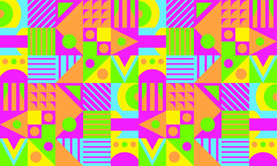Colorful abstract geometric shape mosaic background. Mosaic background of colored blocks. Creative modern Geometrical colored forms and lines. Seamless Pattern of Pop. Tile Decor Wallpaper. Beautiful.