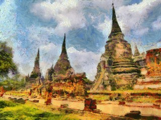 Fototapeta premium The Archaeological site in Ayutthaya Thailand world heritage Illustrations creates an impressionist style of painting.