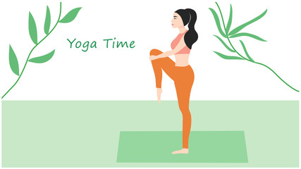 Beautiful woman play yoga exercise at home in the morning vector illustration. Healthy yoga concept background 