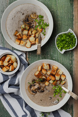 Creme soup with mushrooms in white bowl