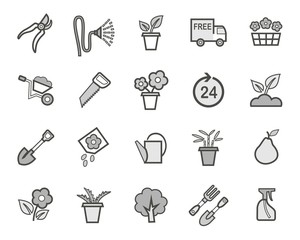 Gardening and landscaping, icons, set, gray. Grey icons with a dark grey outline. Everything for the garden, buying and selling. Illustration. Vector image.   