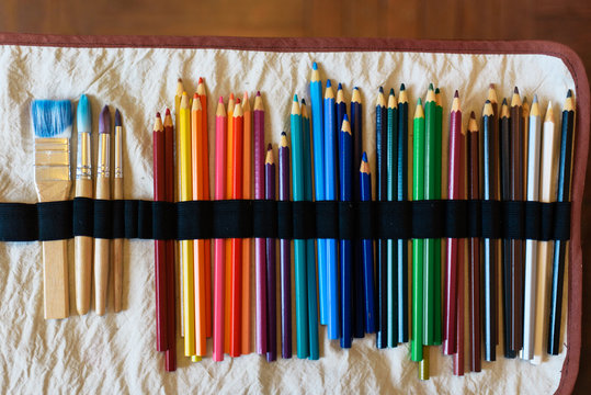 bright colored pencils in a pencil case