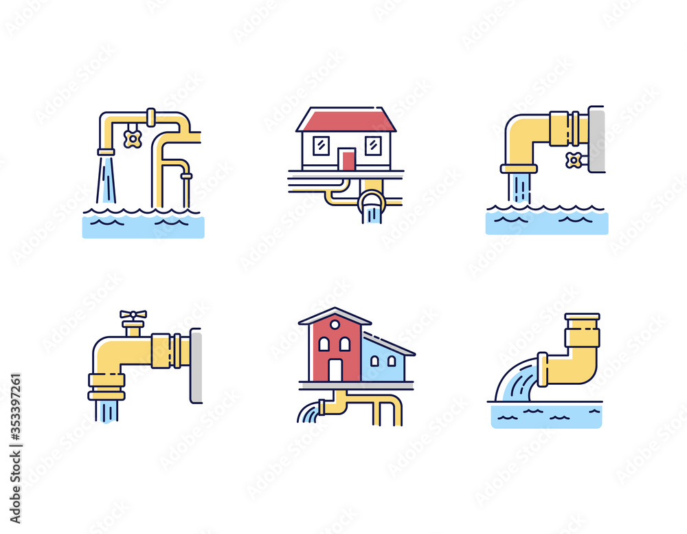 Poster drainage pipe system rgb color icons set. home sanitation service. pipeline structure for waste wate